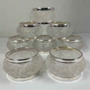 8 William Adams Frosted Rose Crystal Napkin Rings Silver-Plated,Bridal Luncheon